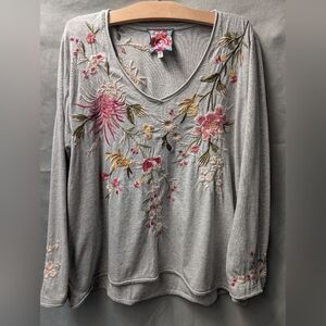 Johnny Was Gray Top with Pink and Green Embroidery Size M